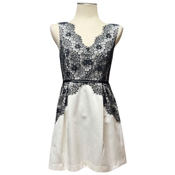 Max and Cleo V-Neck Sleeveless Satin Lace Mini Cocktail Dress Cream Black 4 - Picture 1 of 5